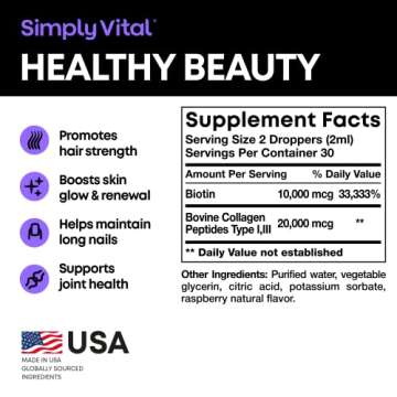 SimplyVital Liquid Biotin & Collagen - Hair, Skin & Nails Vitamins with Biotin 10000mcg & Collagen Peptides - Made in USA - Liquid Collagen for Healthy Skin - Biotin for Hair Growth Support - 2 fl oz