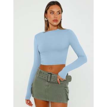 Trendy Queen Crop Tops for Women Cropped Womens Long Sleeve Tops Basic Going Out Tops Tight Slim Fitted Compression Long Sleeve Shirts Y2k Clothing Teen Girls 2024 Fall Fashion Outfits Baby Blue