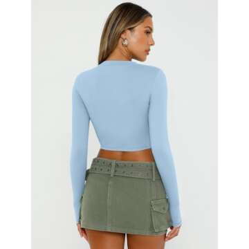 Trendy Queen Crop Tops for Women Cropped Womens Long Sleeve Tops Basic Going Out Tops Tight Slim Fitted Compression Long Sleeve Shirts Y2k Clothing Teen Girls 2024 Fall Fashion Outfits Baby Blue