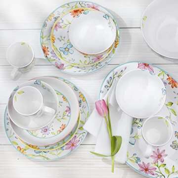 Euro Ceramica Charlotte Collection Stoneware, 16 Piece Dinnerware Set, Service for 4, Watercolor Floral Design in Multicolor White Pink