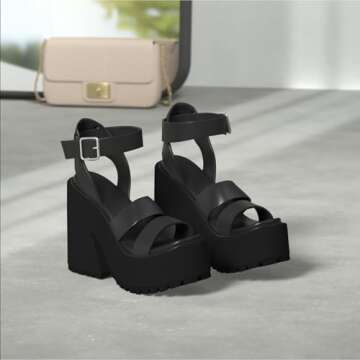 CELNEPHO Womens Platform Sandals Comfort Open-Toe Chunky Block High Heel Fashion Strappy Punk Goth Walking Sandals Summer Black Sandals