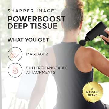 Sharper Image Powerboost Massage Gun Version 3.0-5 Attachments, Quiet Motor, Ergonomic, 6-Speed Lightweight Percussion Massager, Deep Tissue Full Body Muscle Recovery for Pain - Black [Exclusive]