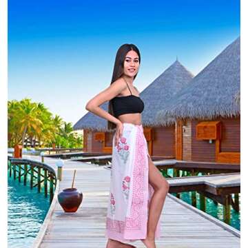 Elegant Swimsuit Coverup for Women | Stylish Beach Cover Ups for Women, 100% Cotton Hand Block Print White Sarong Wraps, Kimonos for Women & Resort Wear Pareo for Women (Pink 3)