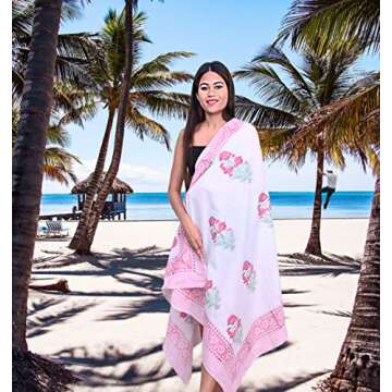 Elegant Swimsuit Coverup for Women | Stylish Beach Cover Ups for Women, 100% Cotton Hand Block Print White Sarong Wraps, Kimonos for Women & Resort Wear Pareo for Women (Pink 3)