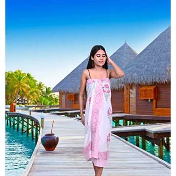 Elegant Swimsuit Coverup for Women | Stylish Beach Cover Ups for Women, 100% Cotton Hand Block Print White Sarong Wraps, Kimonos for Women & Resort Wear Pareo for Women (Pink 3)