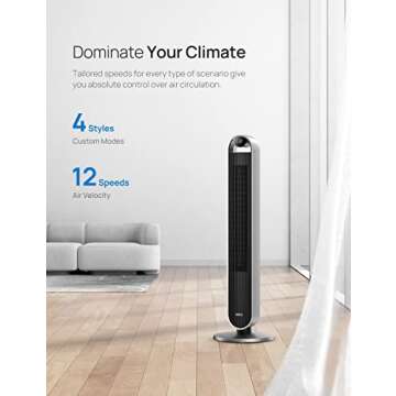 Dreo Tower Fan for Bedroom, 42 Inch 120° Oscillating Fan, 25dB Quiet DC Motor, 27ft/s Velocity Bladeless Standing Fan with 12 Speeds, 4 Modes, 12H Timer Cooling Fans for Home, Living Room, Pilot Max S