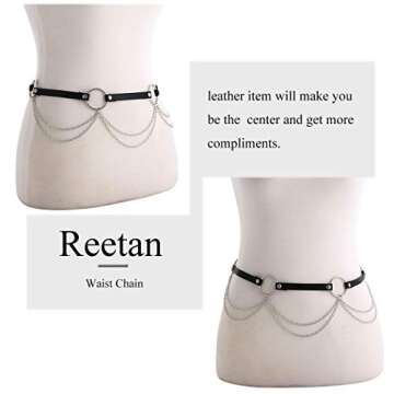 Reetan Punk Leather Body Chains Black Waist Chain Layered Nightclub Ring Belt Belly Chains Rave Party Body Jewelry Accessories for Women (A)