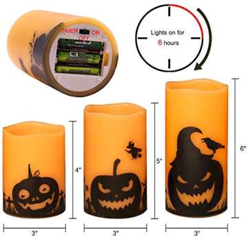 Eldnacele Halloween Flameless Candles, LED Flickering Battery Pillar Candles with 6H Timer and Pumpkin Decals, Spooky Fall Halloween Festival Party Decoration Set of 3 (D 3” x H 4” 5” 6”)