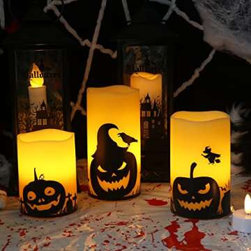 Eldnacele Halloween Flameless Candles, LED Flickering Battery Pillar Candles with 6H Timer and Pumpkin Decals, Spooky Fall Halloween Festival Party Decoration Set of 3 (D 3” x H 4” 5” 6”)