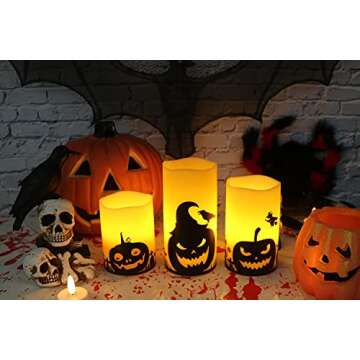 Eldnacele Halloween Flameless Candles, LED Flickering Battery Pillar Candles with 6H Timer and Pumpkin Decals, Spooky Fall Halloween Festival Party Decoration Set of 3 (D 3” x H 4” 5” 6”)