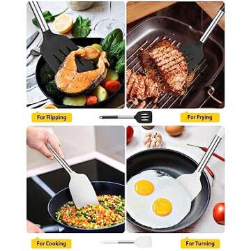 Pack of 2 Silicone Solid Turner,Non Stick Slotted Kitchen Spatulas,High Heat Resistant BPA Free Cooking Utensils,Ideal Cookware for Fish,Eggs,Pancakes (Black+White)