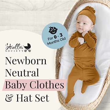 Stroller Society Newborn Baby Take Home Outfit and Hat Set, Cozy Gender Neutral Baby Clothes, Comfy Newborn Outfit for Boys and Girls, Stylish Newborn Clothes, 0 to 3 months old, Camel Brown