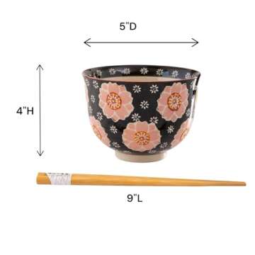 Urban Tokyo Handpainted Ceramic Glazed Japanese Ramen Udon Noodle Rice Bowl With Chopsticks 20 fl oz 5 inch Diameter Bowl Sets Color Box Packaging (Sakura Cherry Blossoms)