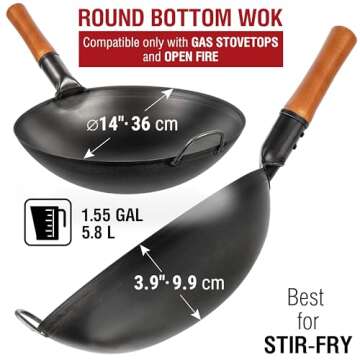 YOSUKATA Carbon Steel Wok Pan - 14 in Woks and Stir Fry Pans - Chinese Wok with Round Bottom Wok - Traditional Chinese Japanese Woks - Black Steel Wok