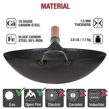 YOSUKATA Carbon Steel Wok Pan - 14 in Woks and Stir Fry Pans - Chinese Wok with Round Bottom Wok - Traditional Chinese Japanese Woks - Black Steel Wok