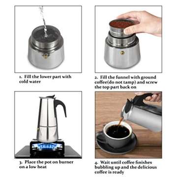 elabo Stovetop Espresso Machine and Moka Pot for Gas or Electric Ceramic Stovetop, Italian Espresso Coffee Shot Maker for Italian Espresso, Cappuccino and Latte, Stainless Steel 304, 10 Cups