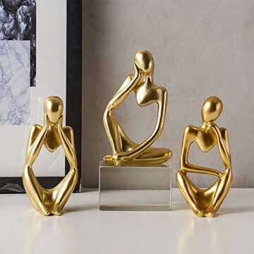 FJS Gold Thinker Statues for Table Decor Abstract Art Sculpture Set of 3 Gold Figurines House Decorations for Home Living Room Office Shelf Bedroom