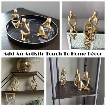 FJS Gold Thinker Statues for Table Decor Abstract Art Sculpture Set of 3 Gold Figurines House Decorations for Home Living Room Office Shelf Bedroom