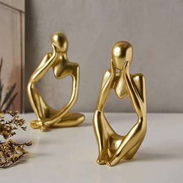 FJS Gold Thinker Statues for Table Decor Abstract Art Sculpture Set of 3 Gold Figurines House Decorations for Home Living Room Office Shelf Bedroom