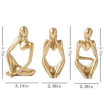 FJS Gold Thinker Statues for Table Decor Abstract Art Sculpture Set of 3 Gold Figurines House Decorations for Home Living Room Office Shelf Bedroom