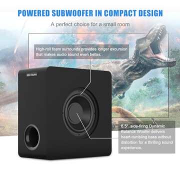 BESTISAN Powered 6.5’’ Home Audio Subwoofer, Deep Bass Response Subwoofers in Compact Design, Easy Setup with Home Theater Systems, TV, Speakers, RCA, Black