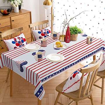 4th of July Tablecloth, Stars and Stripes Table Cloth, Patriotic American Flag Celebration Table Cover for Outdoor Party Holiday Dining Room Kitchen Decoration, Red and Blue, Square 55 x 55 inch