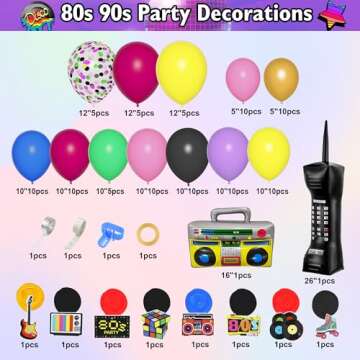 Amandir 80s 90s Party Decorations, 114Pcs Balloon Arch Kit 80's 90's Hanging Swirls Inflatable Disco Ball Radio Boom Box Retro Mobile Phone Balloons for Back to 80s 90s Hip Hop Birthday Supplies