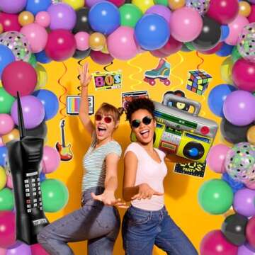 Amandir 80s 90s Party Decorations, 114Pcs Balloon Arch Kit 80's 90's Hanging Swirls Inflatable Disco Ball Radio Boom Box Retro Mobile Phone Balloons for Back to 80s 90s Hip Hop Birthday Supplies