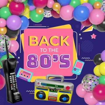 Amandir 80s 90s Party Decorations, 114Pcs Balloon Arch Kit 80's 90's Hanging Swirls Inflatable Disco Ball Radio Boom Box Retro Mobile Phone Balloons for Back to 80s 90s Hip Hop Birthday Supplies