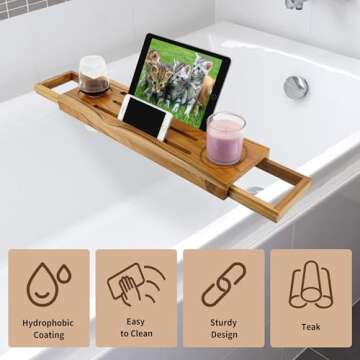 EcoFives Teak Bathtub Tray Caddy - Expandable Bath Tray - Adjustable Organizer Tray for Bathroom - Luxury Bath Caddy Tub Table, Bathtub Accessories & Bathroom Gadgets