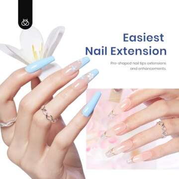 Beetles Gel Nail Kit Easy Nail Extension Set Beetles Gel X Pre shaped Long Coffin Soft Gel Nail Tips with 5 In 1 Nail Glue Gel Base Coat and Led Nail Lamp Acrylic Nail for Nail Art Diy Home Manicure