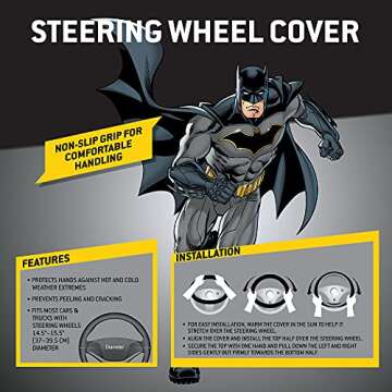 BDK Warner Bros DC Comics Batman Steering Wheel Cover - Ergonomic Grip, Universal Size 14.5-15.5 in, Protects and Insulates Your Wheel, Car Accessories for Car, Truck, Van, SUV