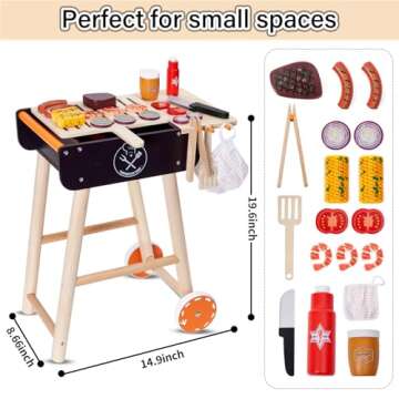 MerryPony Wooden Play Barbecue Toy Grill, Kids BBQ Grill Playset with Play Food and Grilling Tools, Kids Cooking Sets, Outdoor Play Kitchen Set Kids, Pretend Play Kitchen Accessories Toddlers Age 3+