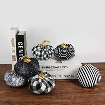 Tinsow 6 Pcs Fabric Pumpkins Halloween Decoration, 4.7” Black and White Pumpkins, White Grid Checkered Pumpkins for Halloween Thanksgiving, Gothic Style Pumpkin Fall Harvest Home Decoration