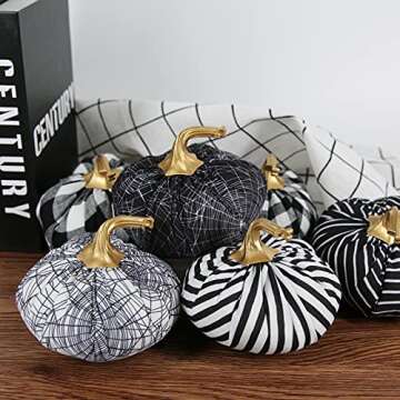 Tinsow 6 Pcs Fabric Pumpkins Halloween Decoration, 4.7” Black and White Pumpkins, White Grid Checkered Pumpkins for Halloween Thanksgiving, Gothic Style Pumpkin Fall Harvest Home Decoration