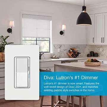 Lutron Caseta Smart Lighting Diva Smart Dimmer Switch w/ Wall Plate for LED Bulbs, Works w/ Alexa, Apple Homekit, Google Home (Hub Required), 150W, No Neutral Required, DVRFW-6L-WH-A, White