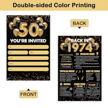 REWIDPARTY Black Gold 50th Birthday Invitations with Envelopes & Stickers（Set of 15） Back in 1974 Fill in Invitations Happy 50th Birthday Invite Cards 50 Years Old Birthday Party Supplies for Adults