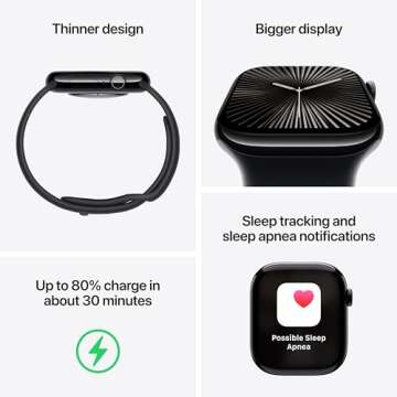 Apple Watch Series 10 [GPS 42mm case] Smartwatch with Jet Black Aluminium Case with Black Sport Band - S/M. Fitness Tracker, ECG App, Always-On Retina Display, Water Resistant