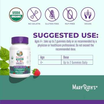 MaryRuth's Kids Immune Support Gummies | USDA Organic | Vitamin C, Zinc, and Elderberry Gummies for Kids| Immune Support for Kids Ages 4+ | Vegan | Non-GMO | Gluten Free | 60 Count