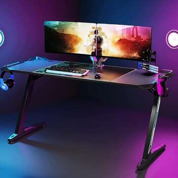 EUREKA ERGONOMIC Z60 Gaming Desk 60 inch Computer Desk Z Shaped Large PC Tables with RGB LED Lights Mouse Pad for E-Sport Racing Gamer Pro Home Office Gift