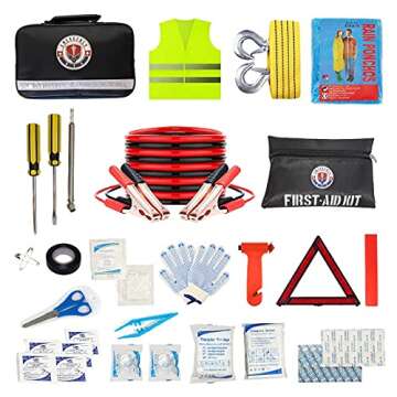 Roadside Assistance Emergency Car Kit - First Aid Kit, Jumper Cables, Tow Strap, led Flash Light, Rain Coat, Tire Pressure Gauge, Safety Vest and More Ideal Winter Accessory for Your Car (Black)