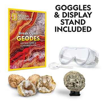 NATIONAL GEOGRAPHIC Break Open 4 Geodes Science Kit – Includes Goggles and Display Stand - STEM Science Gift for Boys and Girls, Break Your Own Geodes with Crystals (Amazon Exclusive)