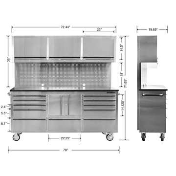 OEM TOOLS OEM24615 72 Inch 11-Drawer Garage Storage Cabinet System, Elite Stainless Steel Rolling Tool Chest, Mobile Workstation Tool Box with Drawers for Garage, Workshop, Or Jobsite