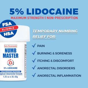 Clinical Resolution Numb Master 5% Lidocaine Numbing Cream, Maximum Strength Fast Acting Vitamin E Pain Relief Cream Long Lasting Topical Anesthetic, Burning, Soreness, Hemorrhoid Treatment 1.25 Oz