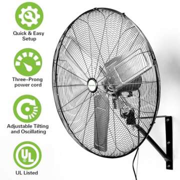 30 in. High Velocity Industrial Wall Fan, 9500 CFM 3-Speed Wall Mount Oscillating Fan, Heavy Duty Shop Fan for Garage, Warehouse, Workshops, Commercial and Factory, UL Listed