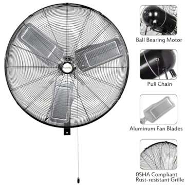 30 in. High Velocity Industrial Wall Fan, 9500 CFM 3-Speed Wall Mount Oscillating Fan, Heavy Duty Shop Fan for Garage, Warehouse, Workshops, Commercial and Factory, UL Listed