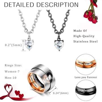 ZELORES Couple Necklaces and Promise Rings Set - Heart Pendant Gift