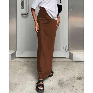 Amy Babe Women's Satin Silky High Waist Maxi Skirt Elegant Elastic Waistband A Line Long Skirts (Solid Brown, Small)