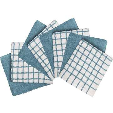 Bumble Premium Cotton Dish Cloths (12" x 12") Aqua Check Design | Highly Absorbent | Natural Ring Spun Cotton | Kitchen Dish Towel Set | 380 GSM - 8 Pack