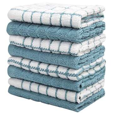 Bumble Premium Cotton Dish Cloths (12" x 12") Aqua Check Design | Highly Absorbent | Natural Ring Spun Cotton | Kitchen Dish Towel Set | 380 GSM - 8 Pack